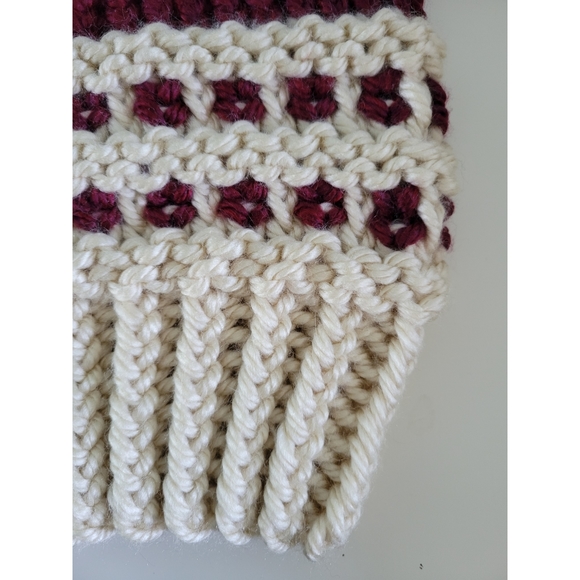 Two-Tone Waffle-Base Knit Beanie - Burgundy/Cream (Handmade) - Picture 6 of 11